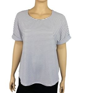 Women's 2X Rose + Olive White/Black Stripe Rolled Cuffs Short Sleeve Shirt